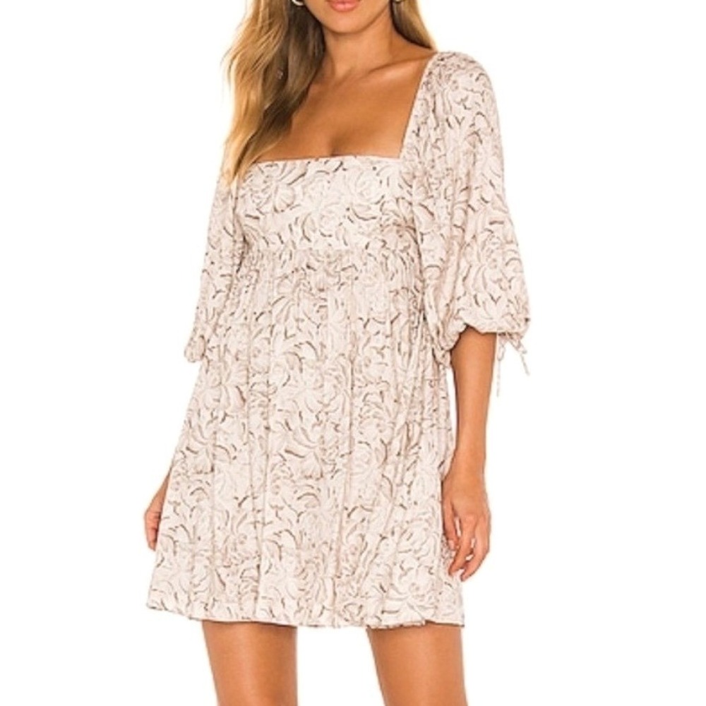 NWT Amanda Uprichard Babydoll Dress Mini Floral Ivory Beige Puff Sleeve Size L